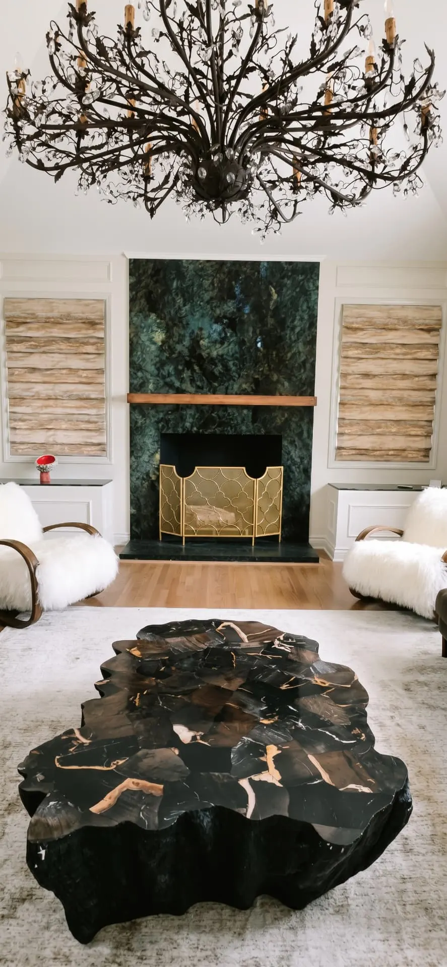 Granite fireplace surround and hearth in a living room